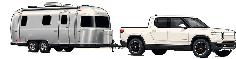Wattreach logo showing a white Rivian R1T pulling a silver Airstream travel trailer