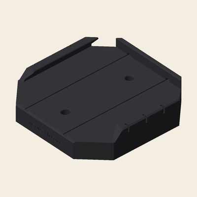 A 3D-printed octagonal Airstream stabilizer jack pad: two lipped side rails, a stop wall, drain grooves across the floor, and wattreach.com debossed on the open end