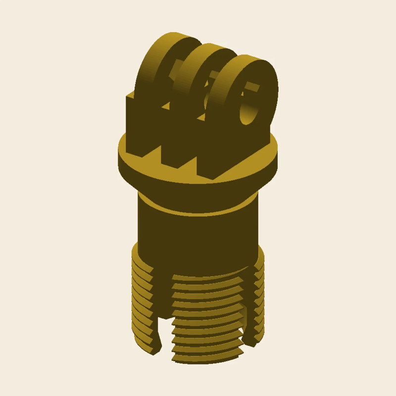 Gold CAD render of the Ultimate Seats cup holder camera mount retrofit: an M20x1.5 threaded four-slot collet base with GoPro-standard prongs on top