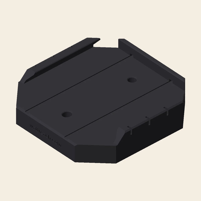 A 3D-printed octagonal Airstream stabilizer jack pad: two lipped side rails, a stop wall, drain grooves across the floor, and wattreach.com debossed on the open end