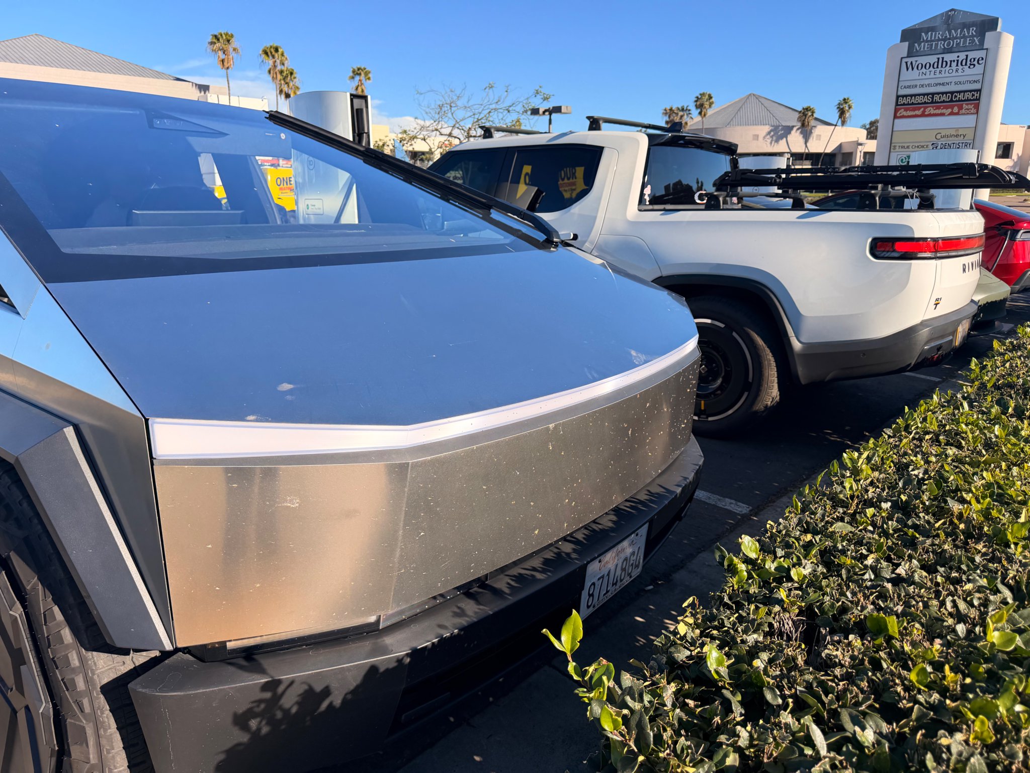 Tesla Cybertruck and 23-foot Airstream International parked together during the towing test