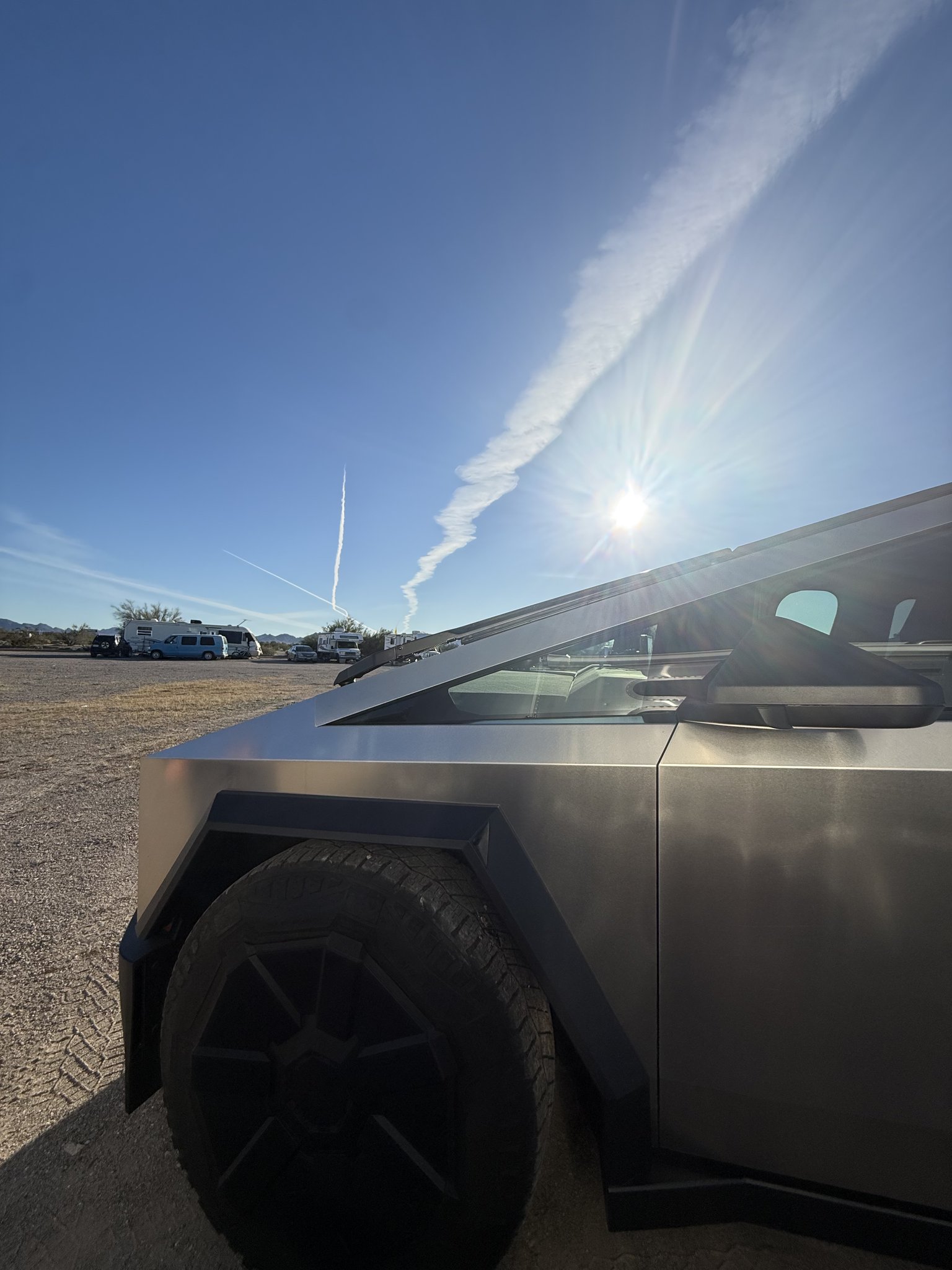 A close view of the Cybertruck and Airstream towing setup during the Wattreach comparison trip