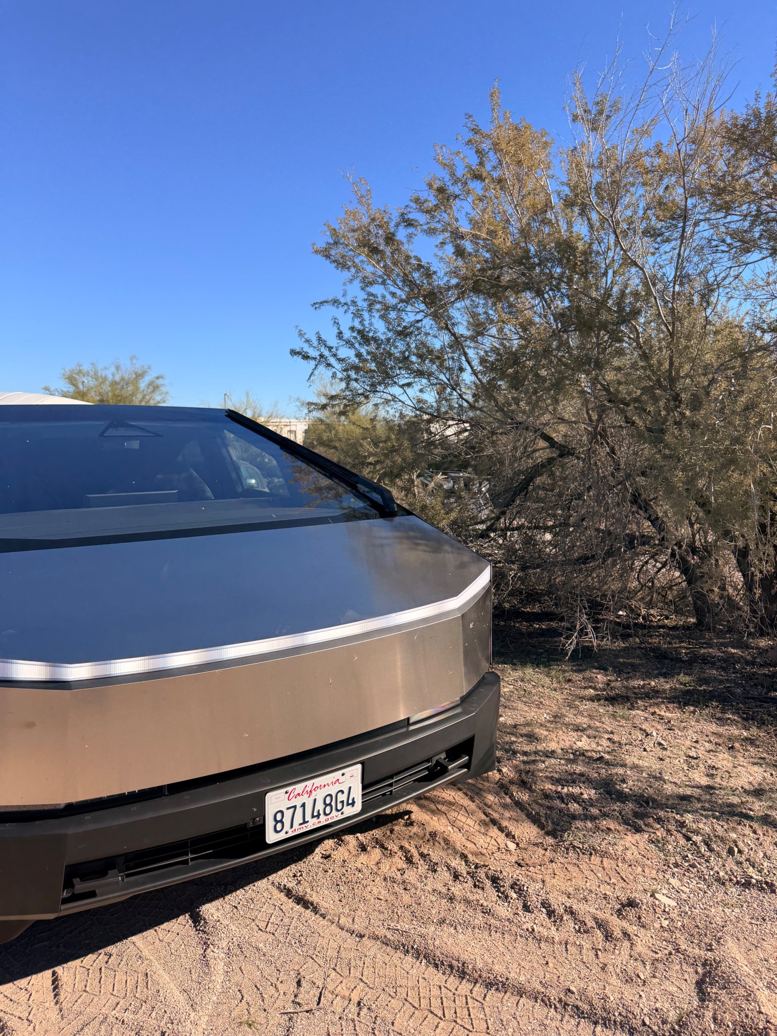 Tesla Cybertruck parked with the Airstream during the off-grid Arizona trip
