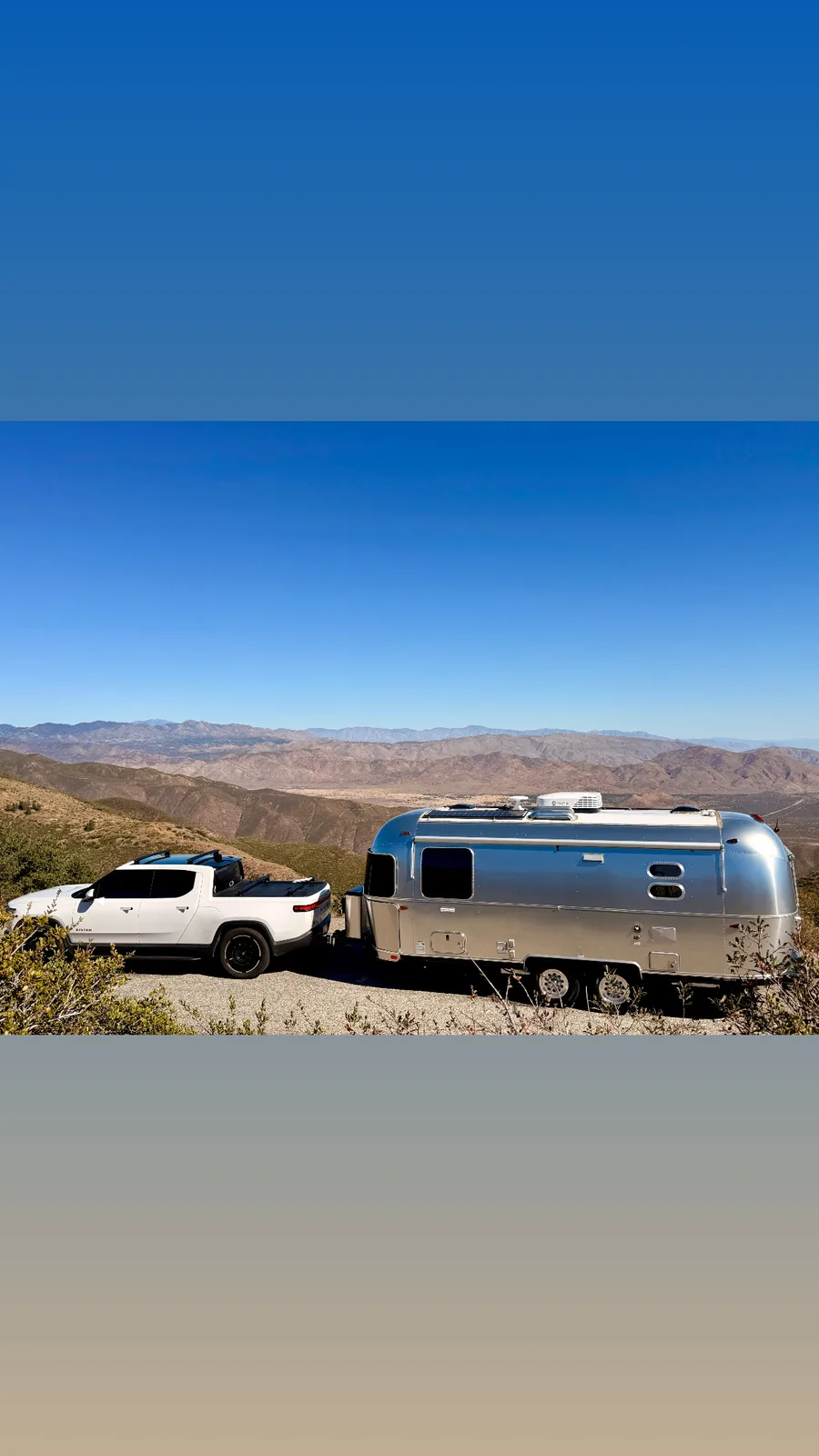 23′ Airstream International hitched to the Rivian R1T at Julian, CA, October 2025