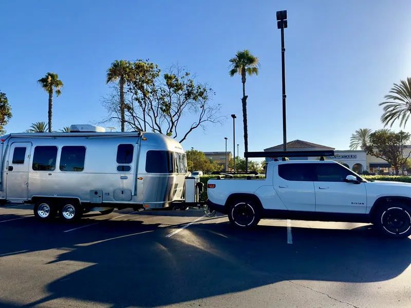 The 23-foot Airstream International hitched to the Rivian R1T at San Marcos, California