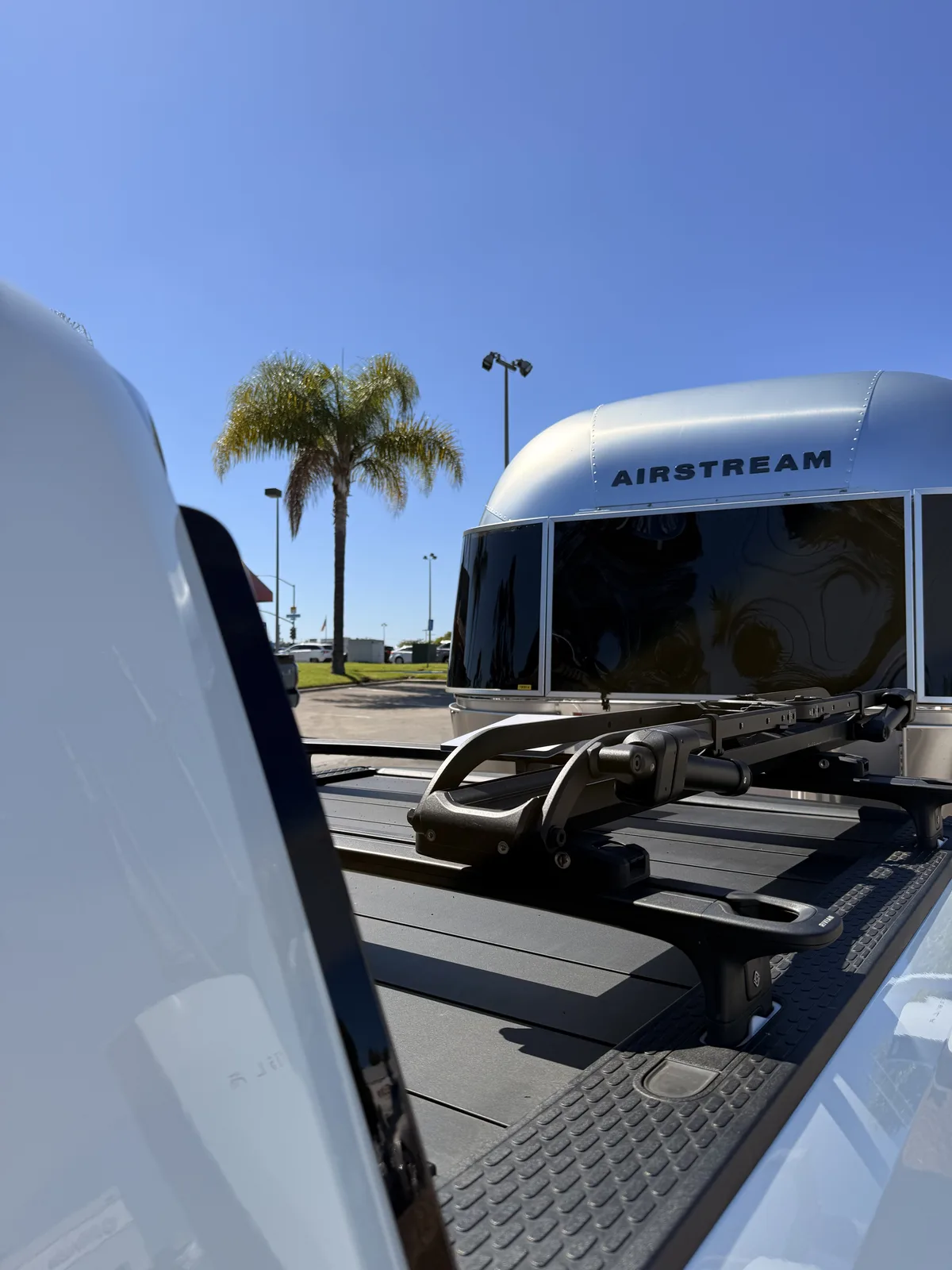 23′ Airstream International hitched to the Rivian R1T at San Diego, CA, July 2025