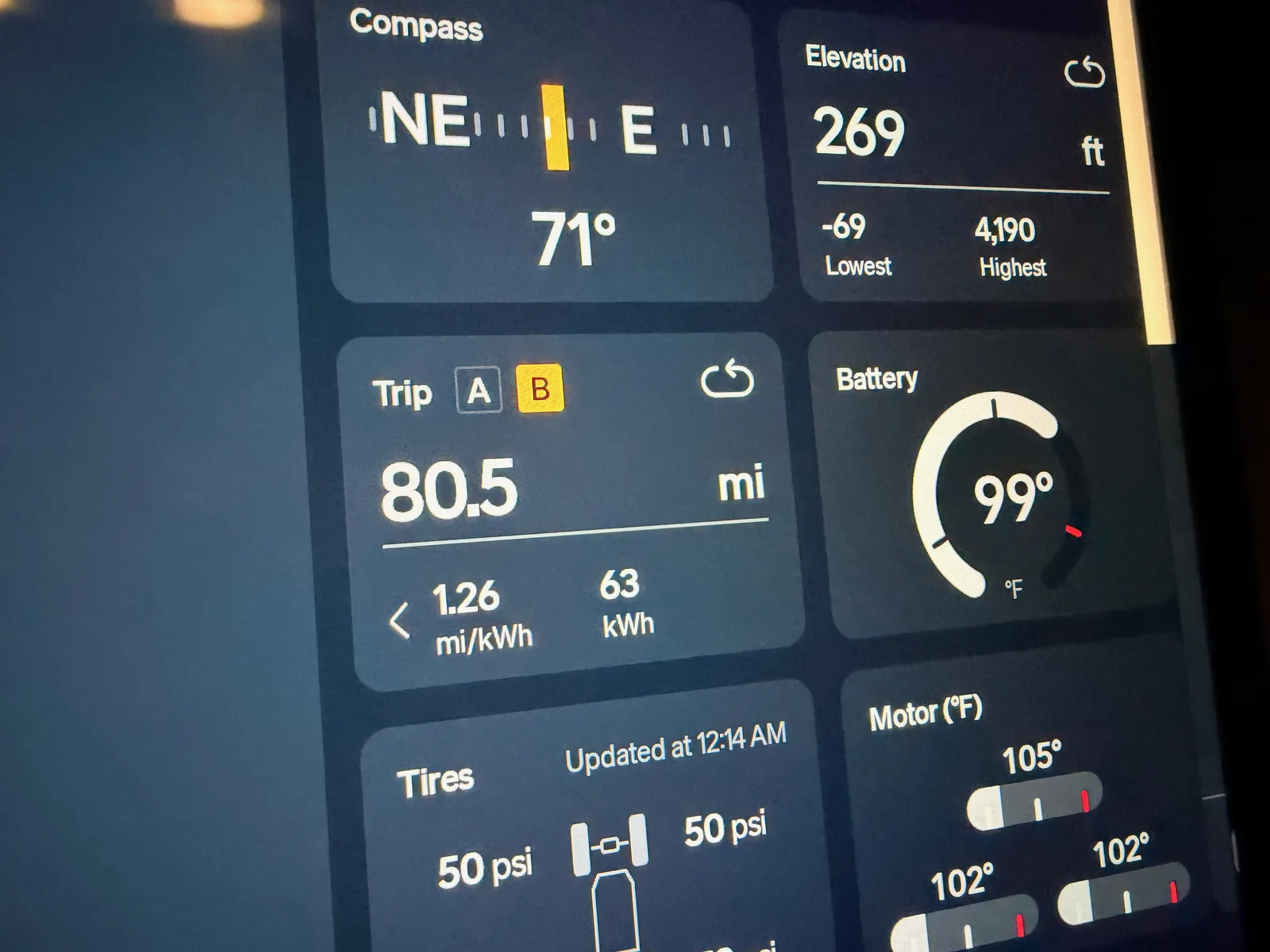 The Rivian R1T's center display at 4:36 AM showing Trip B 80.5 miles at 1.26 mi/kWh, 63 kWh used, compass 71 degrees NE/E, elevation 269 ft (lowest -69, highest 4,190), ambient 71°F