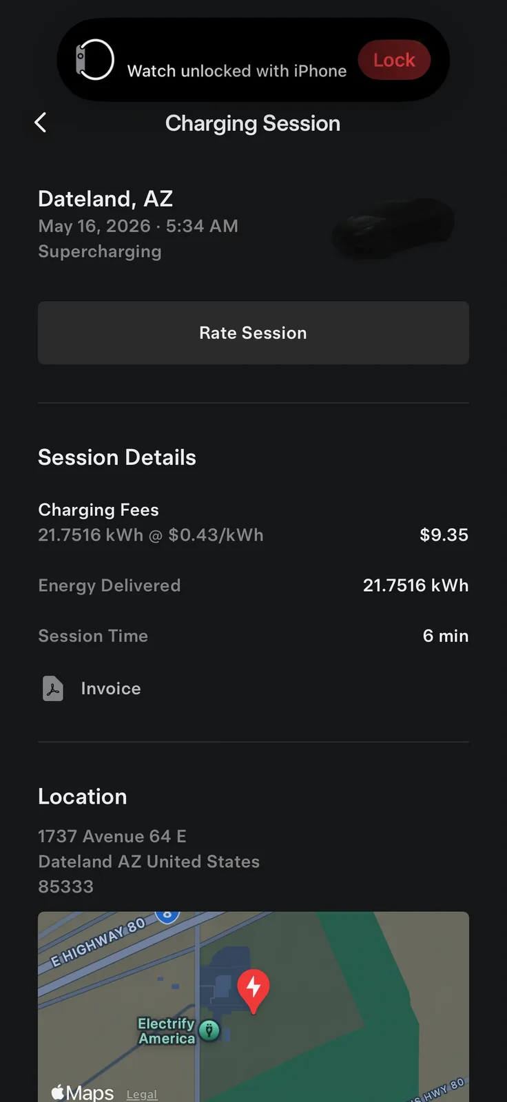 The Tesla app Charging Session screen for the Dateland AZ Supercharger on May 16 2026 at 5:34 AM, showing $9.35 in charging fees for 21.7516 kWh at $0.43 per kWh and a 6-minute session