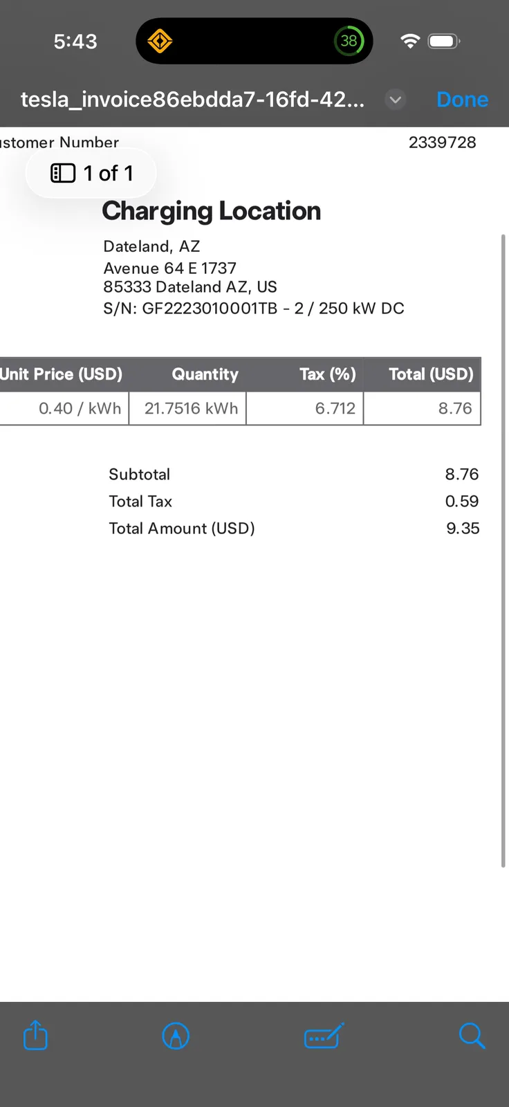 The detailed Tesla invoice for the Dateland Supercharger session, showing the charging location 1737 Avenue 64 E, Dateland AZ, a 250 kW DC pedestal (S/N GF2223010001TB-2), 21.7516 kWh quantity at $0.40/kWh, $0.59 tax, and a $9.35 total