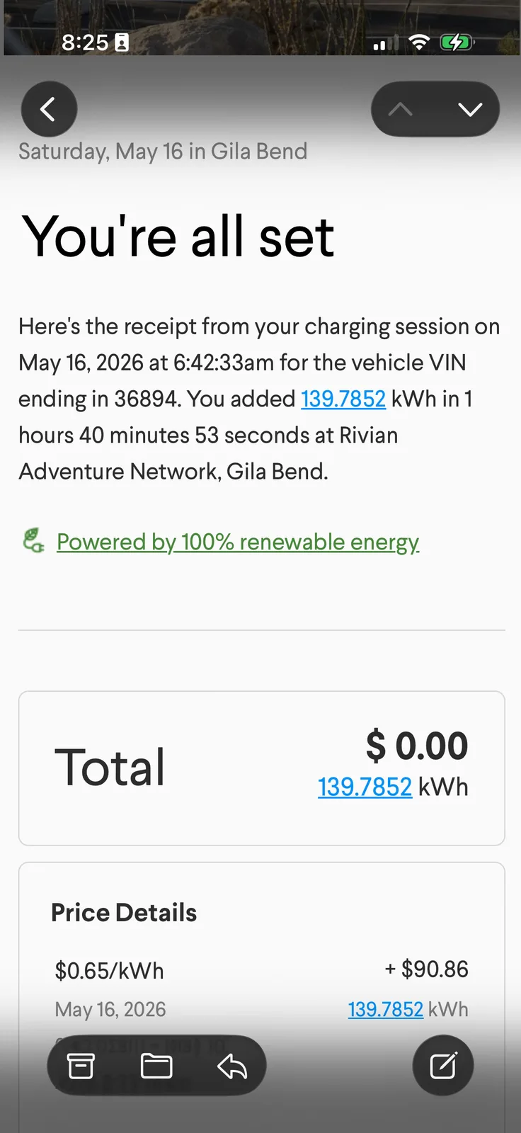 The Rivian Adventure Network mobile app showing the "You're all set" confirmation, with the Saturday May 16 6:42:33 AM session in Gila Bend, 139.7852 kWh added in 1 hour 40 minutes 53 seconds, the "Powered by 100 percent renewable energy" badge, and a $0.00 total