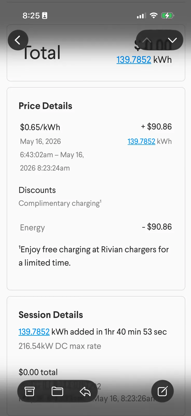 The Rivian app price-details panel showing $0.65 per kWh for 139.7852 kWh equals plus $90.86, a complimentary-charging discount of negative $90.86, a $0.00 total, plus the session detail line "139.7852 kWh added in 1hr 40 min 53 sec, 216.54 kW DC max rate"