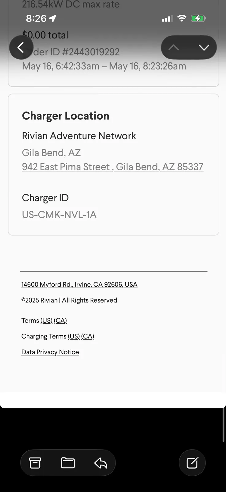 The Rivian app charger-location card showing Rivian Adventure Network, Gila Bend AZ, 942 East Pima Street, charger ID US-CMK-NVL-1A
