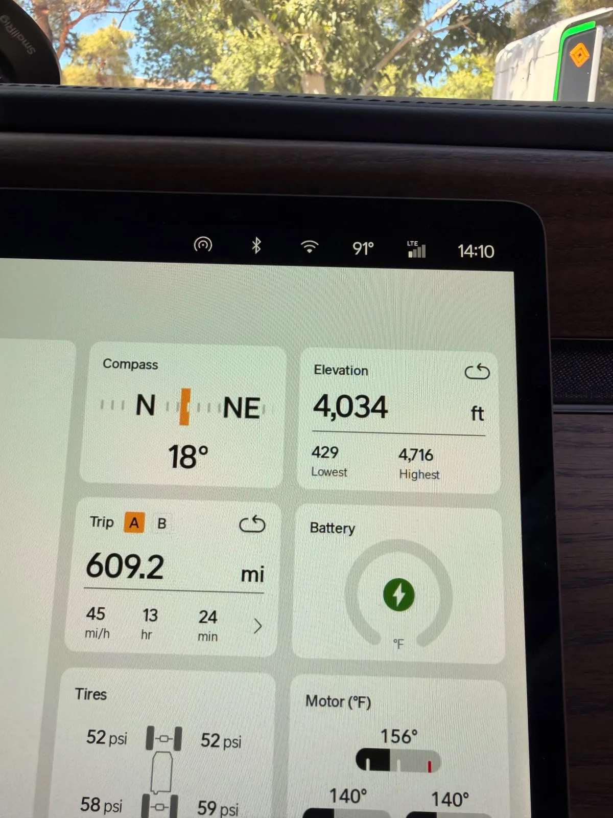 The Rivian R1T center display showing Trip A at 609.2 miles, 45 mph average over 13 hours 24 minutes, elevation 4,034 ft, battery at safe temperature mid-charge