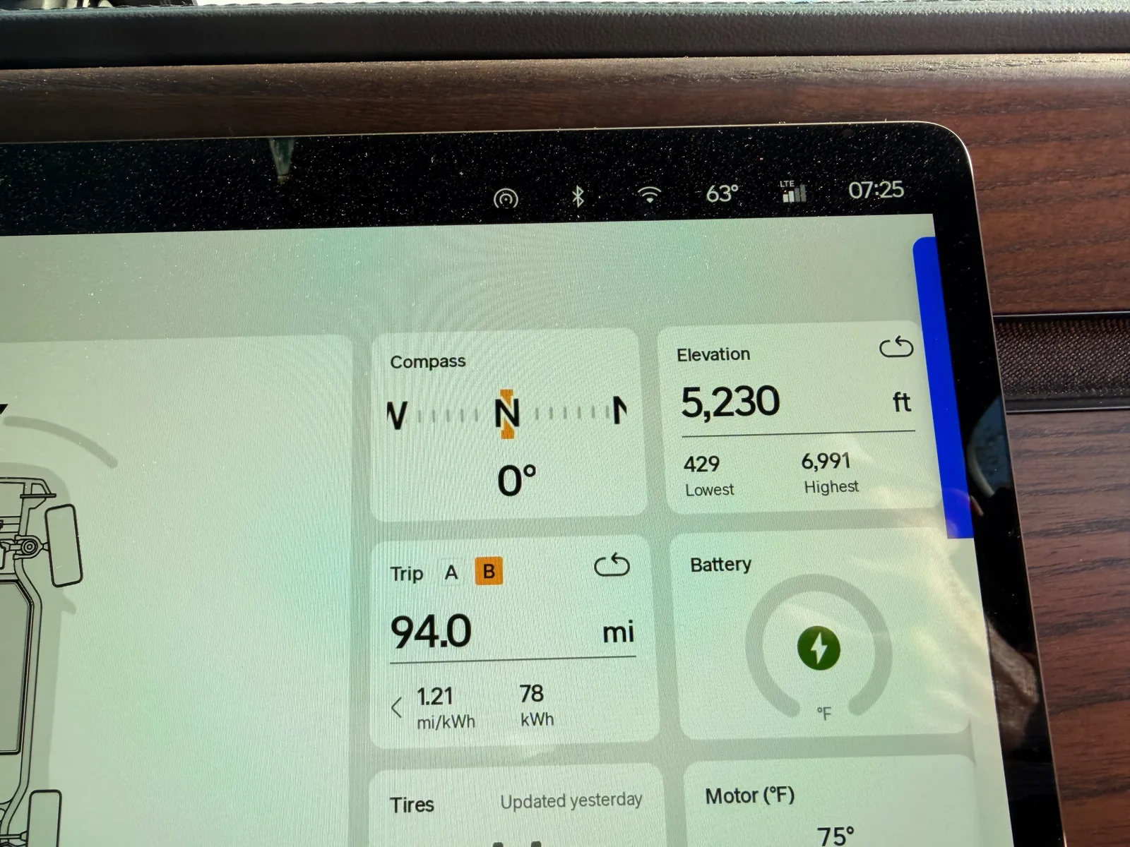 The Rivian R1T center display the morning after at Holbrook KOA showing Trip B 94.0 miles at 1.21 mi/kWh, 78 kWh used, elevation 5,230 ft (lowest 429, highest 6,991), compass 0 degrees north, ambient 63°F at 7:25 AM