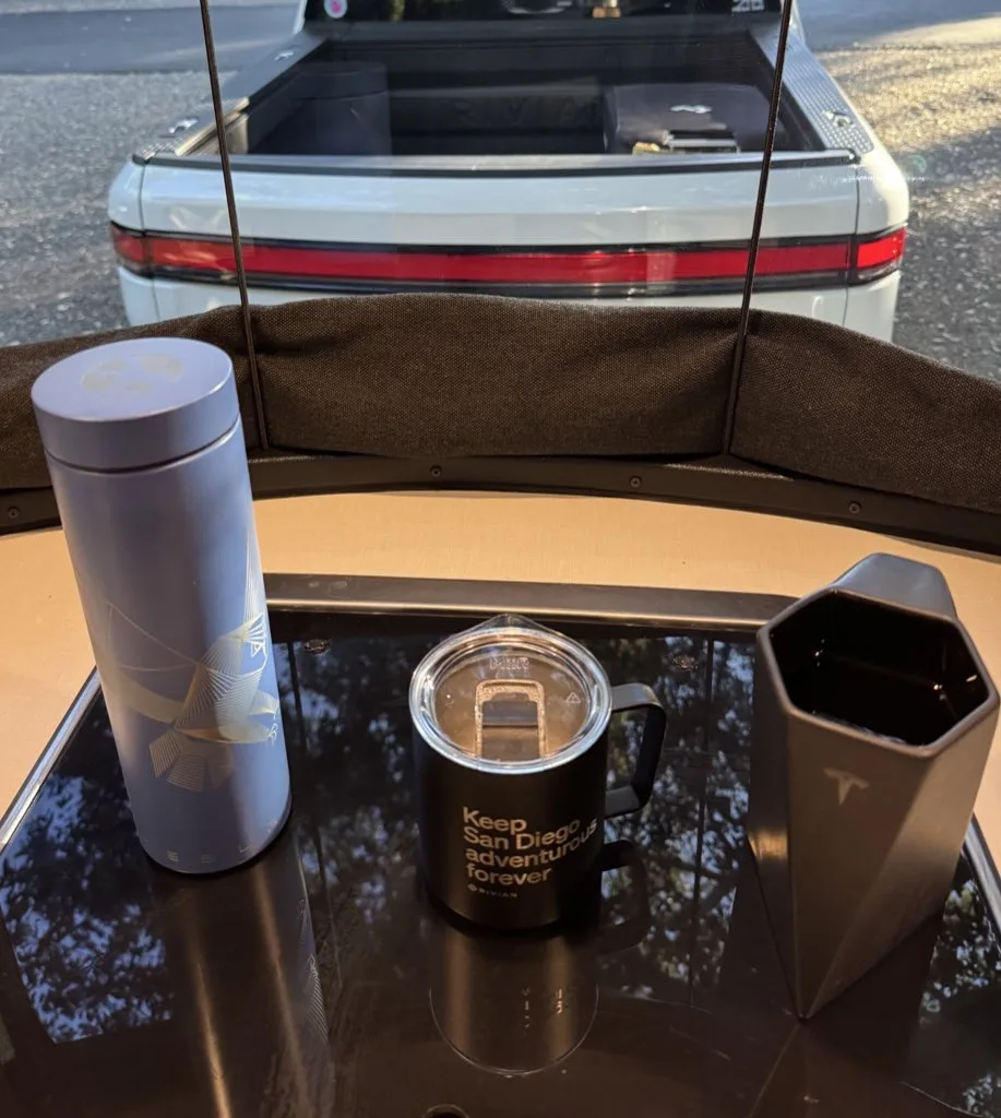 Breakfast on the dinette inside the 16-foot Airstream Basecamp, July 2024
