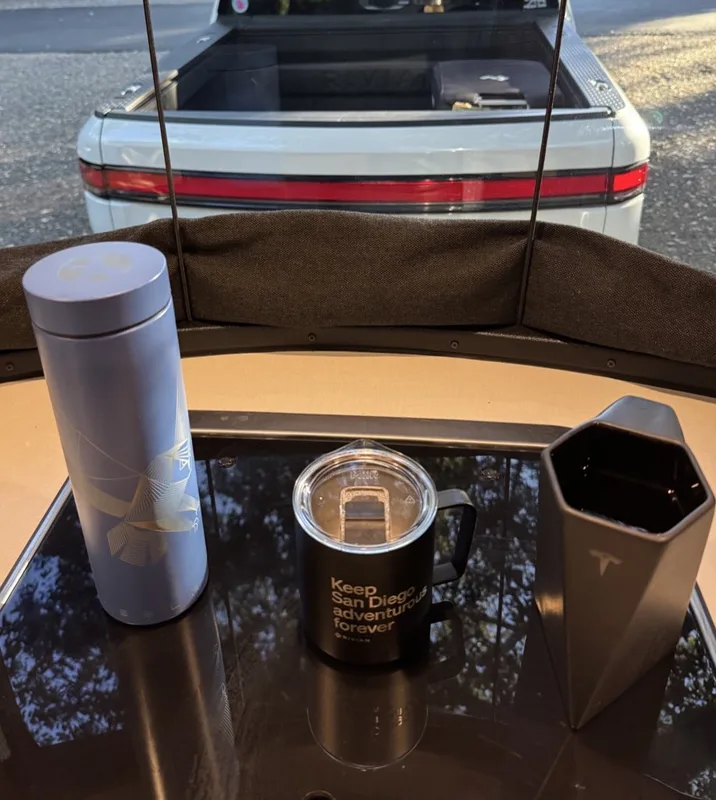 Breakfast on the dinette inside the 16-foot Airstream Basecamp, July 2024
