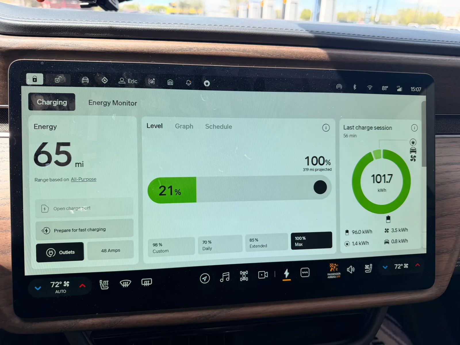 The Rivian R1T charging screen at the Gallup RAN at 3:08 PM showing state of charge 21%, target 100%, charge rate climbing, time-to-full estimate, charger US-C6H-WQQ-3B