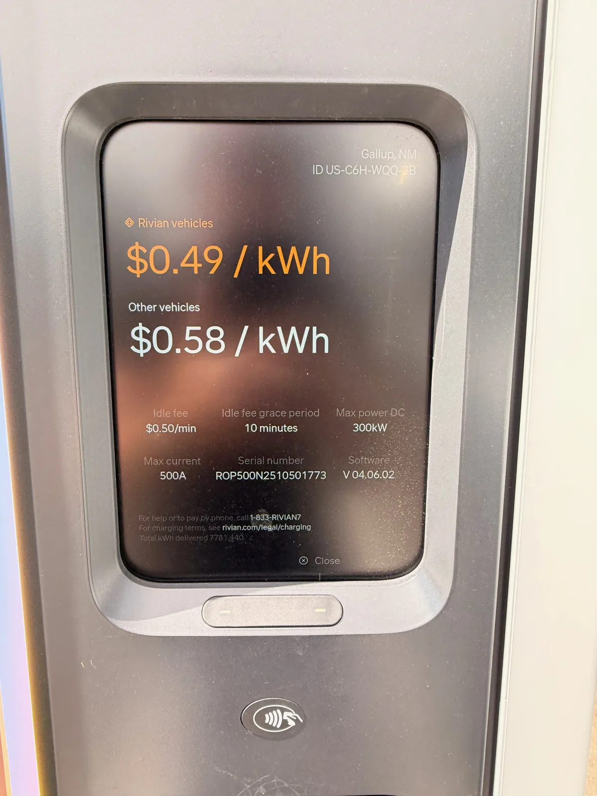 The Gallup RAN pricing details card showing Rivian rate $0.49 per kWh, other-vehicle rate $0.58 per kWh, max power 300 kW DC, max current 500 A