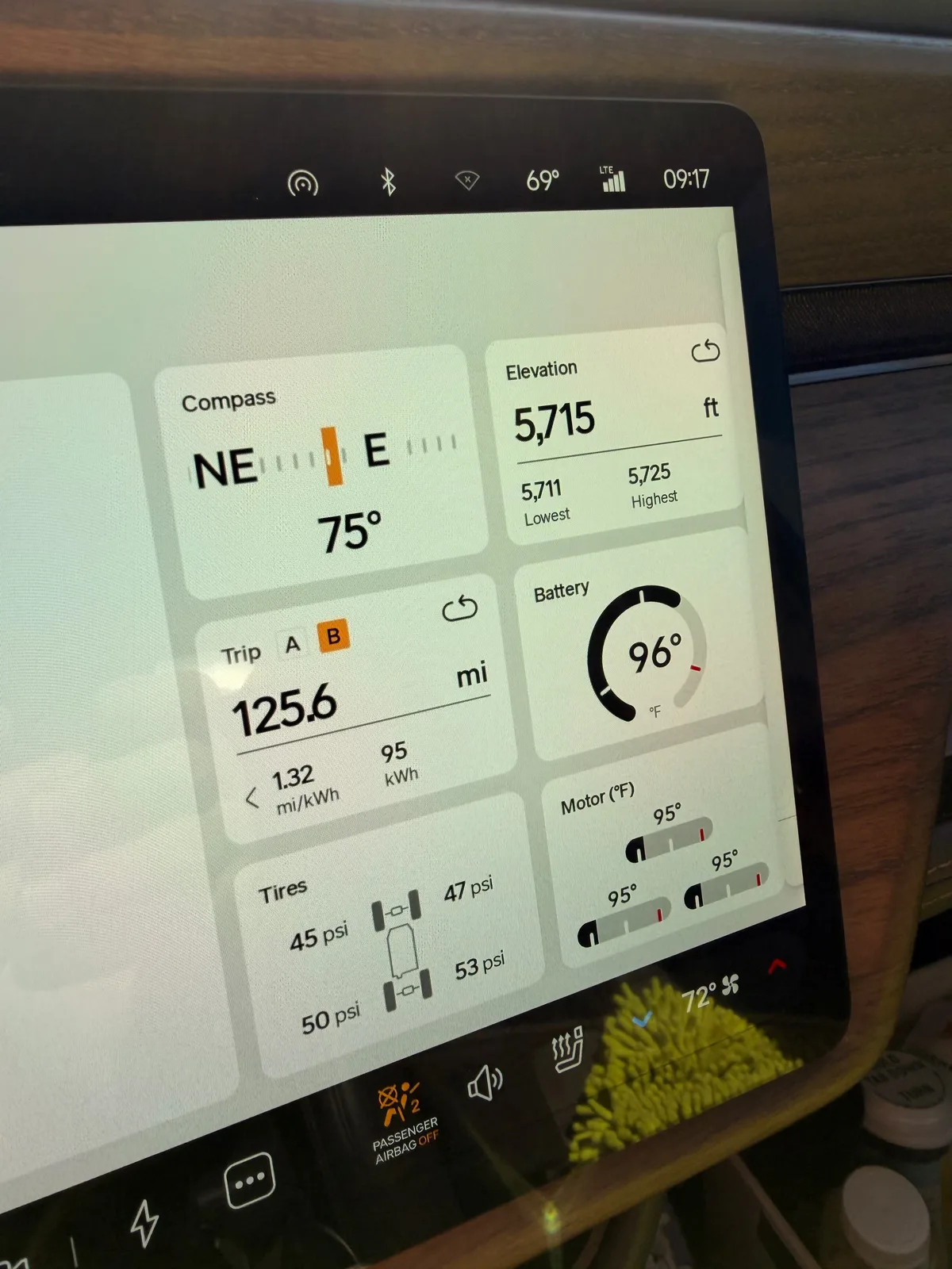 The Rivian R1T center display at 9:17 AM showing Trip B 125.6 miles at 1.32 mi/kWh and 95 kWh used since reset (the Gallup RAN → American RV Resort overnight leg), elevation 5,715 ft, ambient 69°F