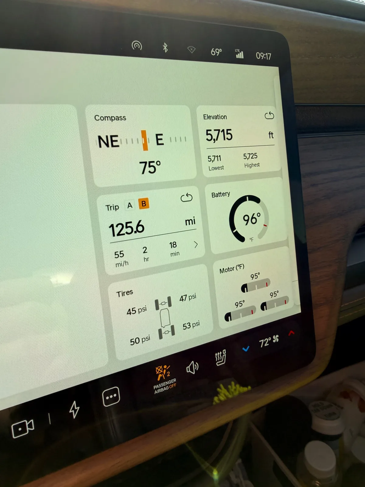 The Rivian R1T center display fourth angle leaving the campground at 9:17 AM showing the same Trip A 1,005.6 miles state, elevation 5,715 ft, motor temps 95°F at start-up, ambient 69°F