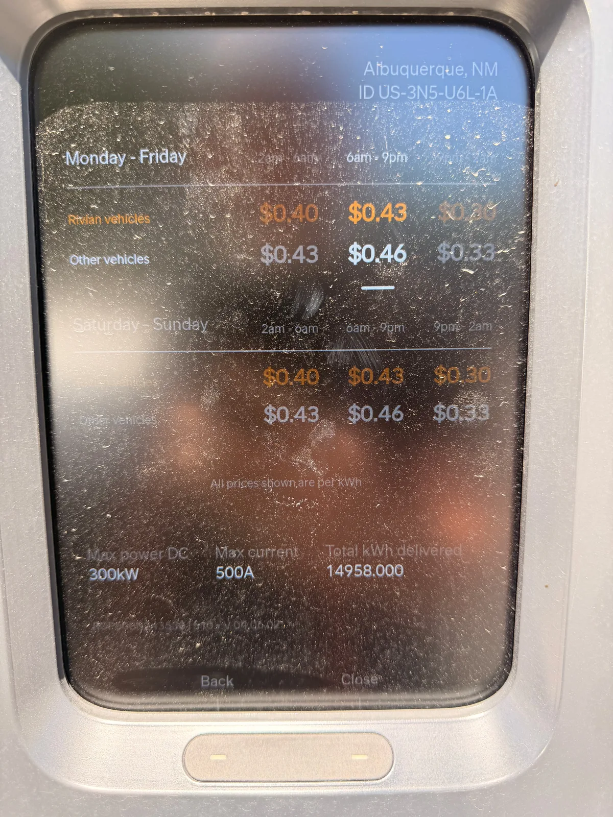 The Albuquerque Uptown RAN pedestal full pricing breakdown showing weekday and weekend rates, 300 kW DC max power, 500 A max current, and 14,958 kWh delivered lifetime on this pedestal
