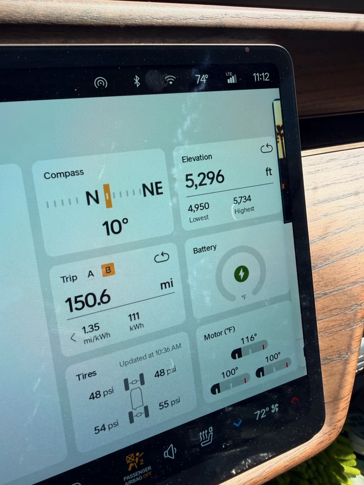 The Rivian R1T center display showing Trip B 150.6 miles at 1.35 mi/kWh and 111 kWh used since the Gallup reset, elevation 5,296 ft, motor temps 100 to 116°F at the Albuquerque RAN