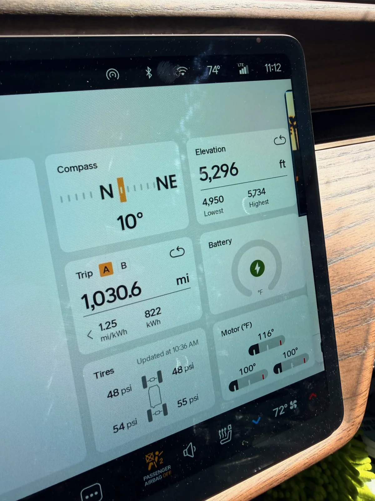 The Rivian R1T center display showing Trip A 1,030.6 miles at 1.25 mi/kWh and 822 kWh cumulative trip-to-date, elevation 5,296 ft, motor temps 100 to 116°F, ambient 74°F at 11:12 AM at the Uptown RAN