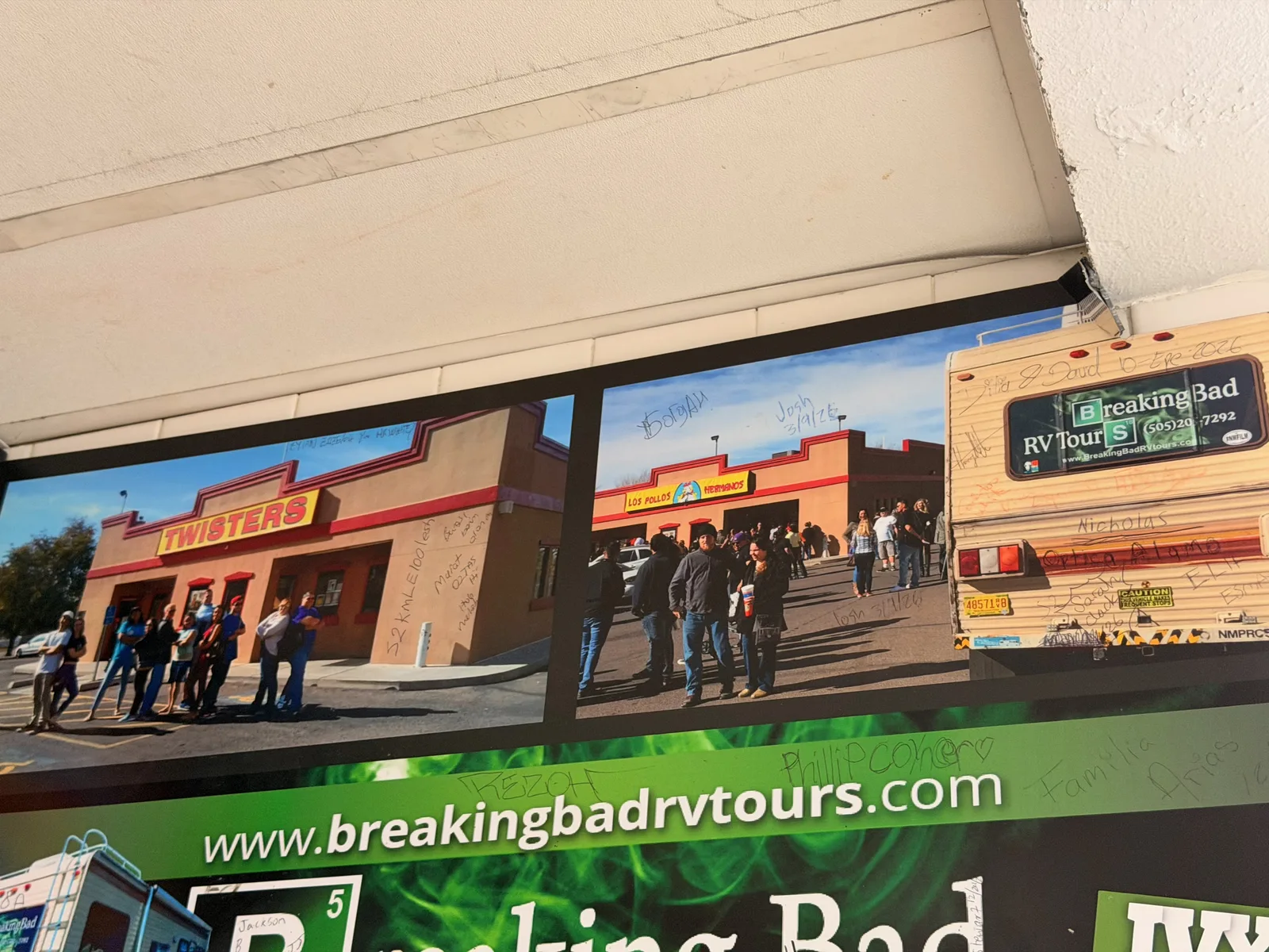 A signed banner at Twisters advertising www.breakingbadrvtours.com, with three photographs showing the Twisters storefront, the Los Pollos Hermanos painted exterior, and the Krystal Ship Breaking Bad RV tour vehicle