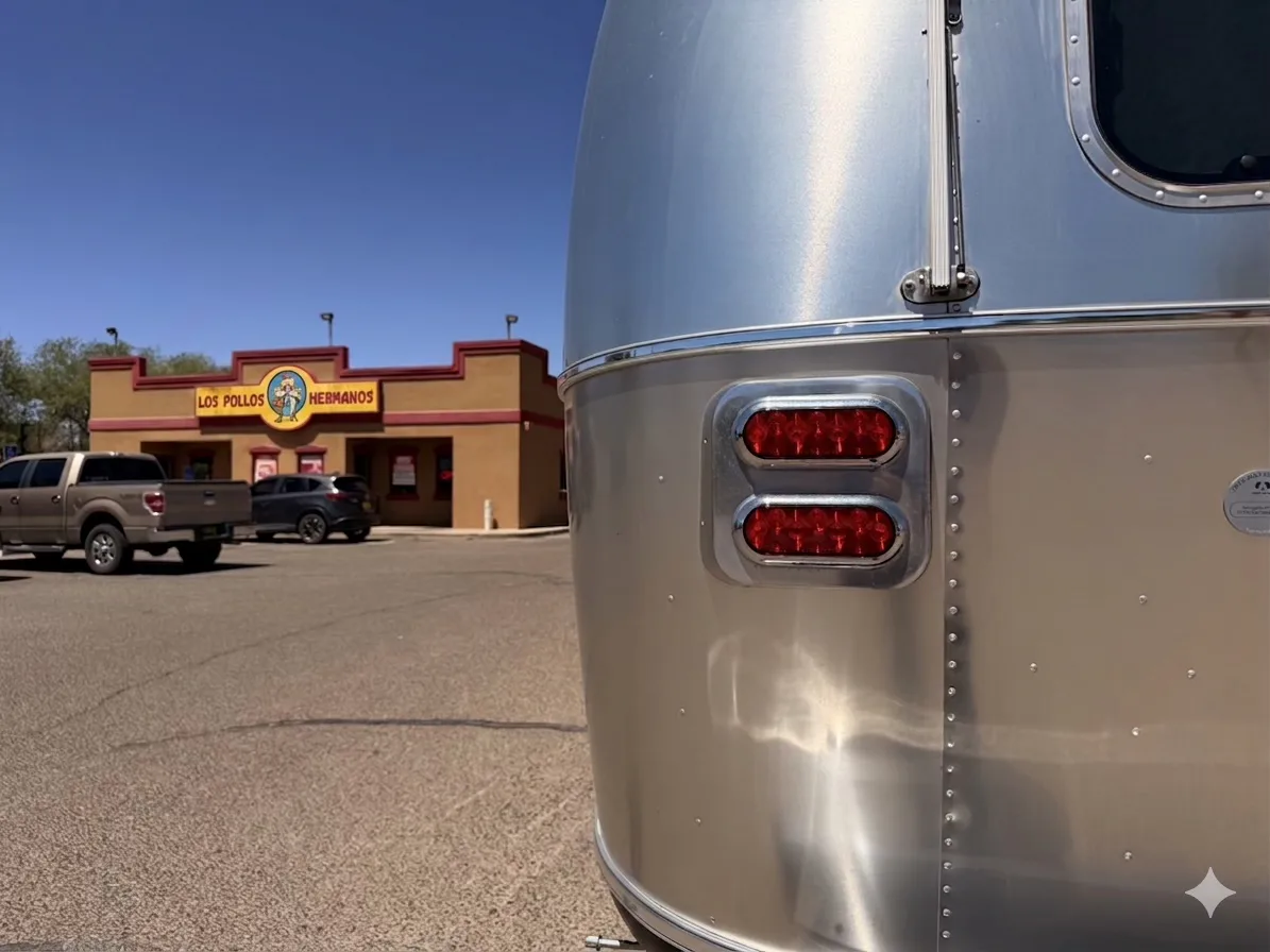 The rear corner of the silver Airstream International framing the LOS POLLOS HERMANOS painted sign and rust-orange storefront across the parking lot at 4257 Isleta Blvd SW, the chicken-couple logo visible on the sign