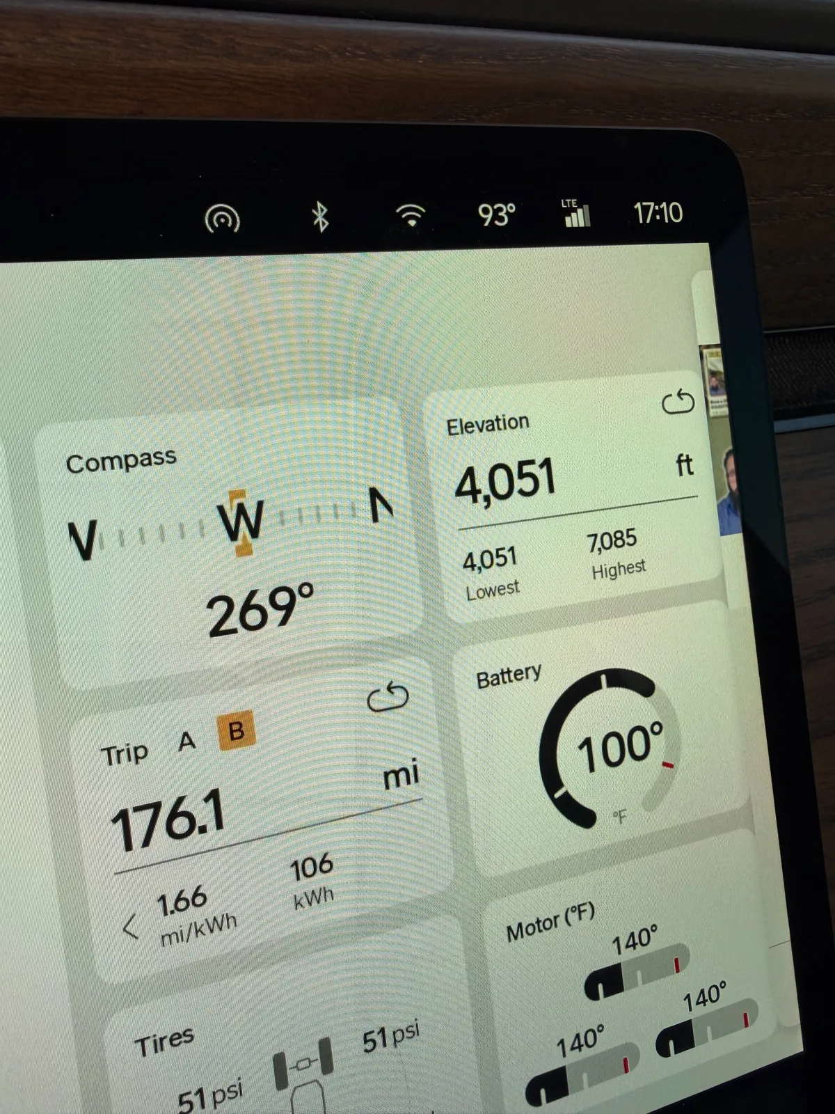 The Rivian R1T center display Trip B view at the Tucumcari IONNA arrival at 5:10 PM showing 176.1 miles at 1.66 mi/kWh and 106 kWh used since the ABQ Uptown round 2 unplug, elevation 4,051 ft (lowest 4,051, highest 7,085 ft at Clines Corners), compass W 269 degrees, battery 100°F, motor temps 140°F, ambient 93°F