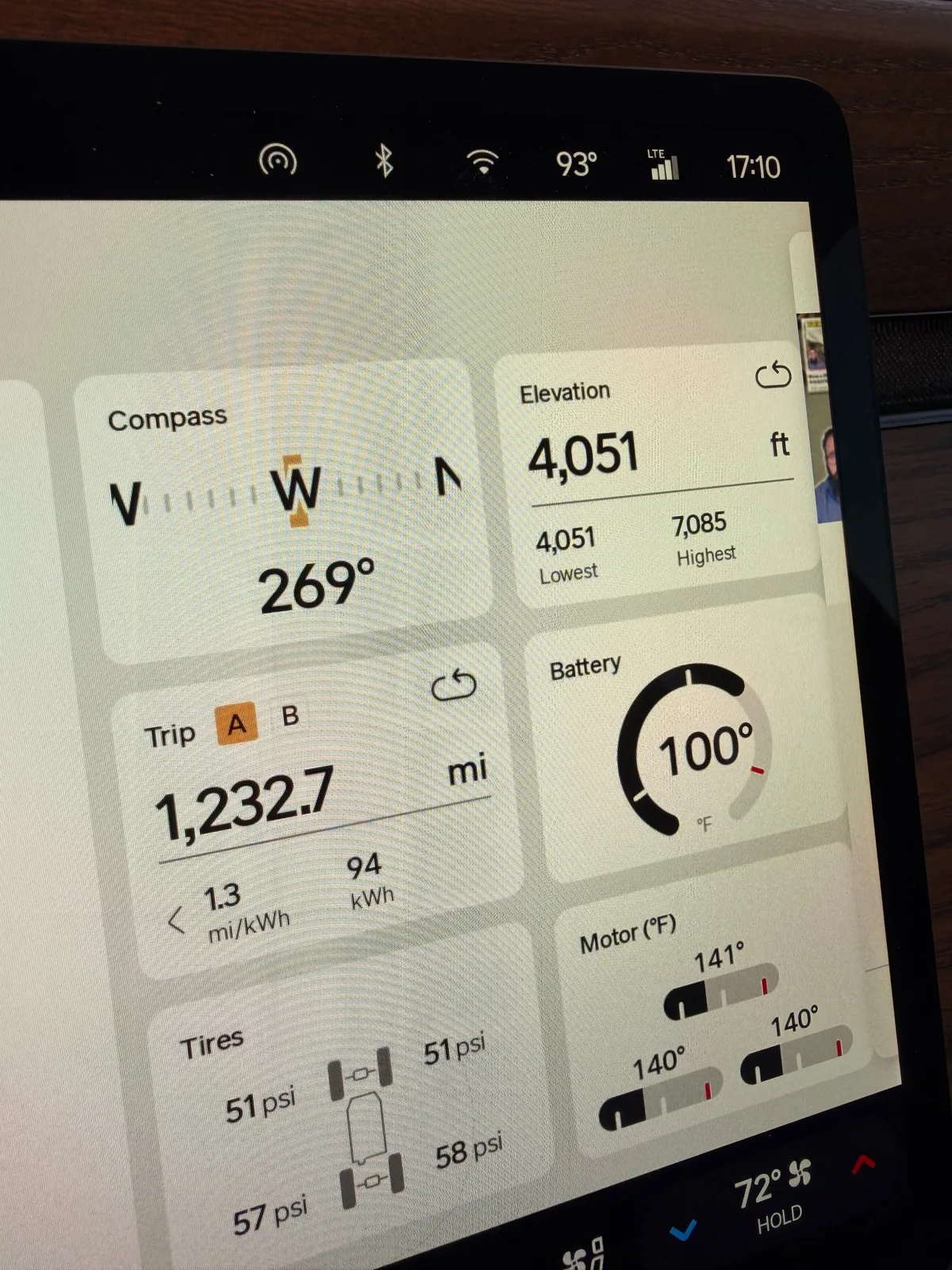 The Rivian R1T center display Trip A efficiency view at the Tucumcari IONNA at 5:10 PM showing 1,232.7 miles at 1.30 mi/kWh and 949 kWh trip-to-date, elevation 4,051 ft, battery 100°F