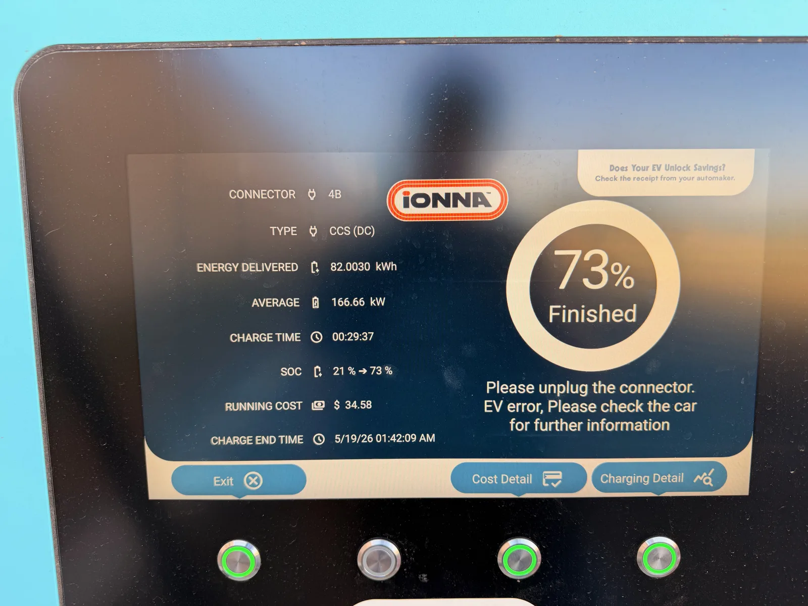 The IONNA pedestal final summary screen showing 82.0030 kWh delivered, 166.66 kW session average, 29 min 37 sec charge time, SoC 21 to 73 percent finished, $34.58 running cost, charger 4B CCS DC, charge end timestamp 5/19/26 01:42:09 AM UTC