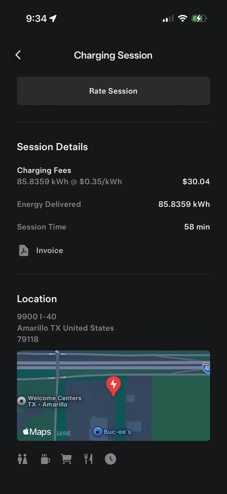 The Tesla app Charging Session screen for the Buc-ee's Amarillo session showing 85.8359 kWh added in 58 min at $0.35 per kWh ($30.04 total) at 9900 I-40 Amarillo TX, an Apple Maps inset pinning the charger right next to a Buc-ee's location label