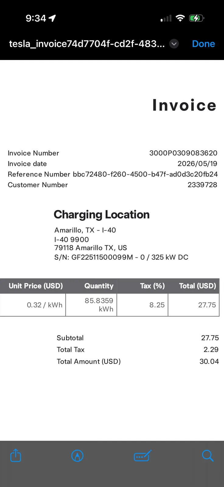The full Tesla SC invoice for the Amarillo Buc-ee's session, Invoice 3000P0309083620, 2026-05-19, charger S/N GF22511500099M 325 kW DC, 85.8359 kWh at $0.32/kWh = $27.75 subtotal plus 8.25 percent tax of $2.29 for a $30.04 total