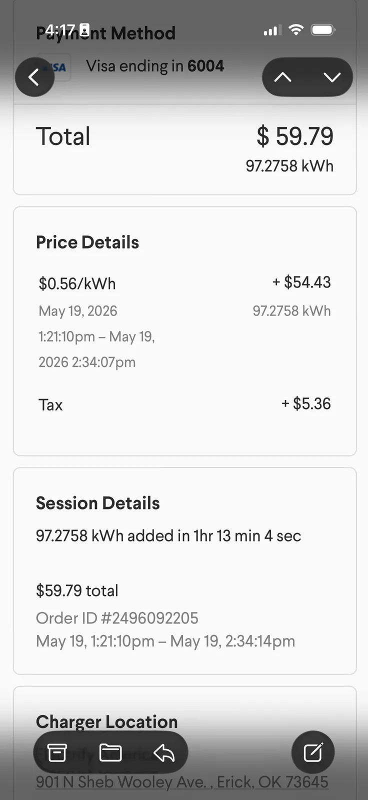 The Electrify America app charging-session screen for the Erick OK session showing total $59.79 for 97.2758 kWh at $0.56 per kWh, 1 hr 13 min 4 sec session time, May 19 2026 1:21:10pm to 2:34:14pm