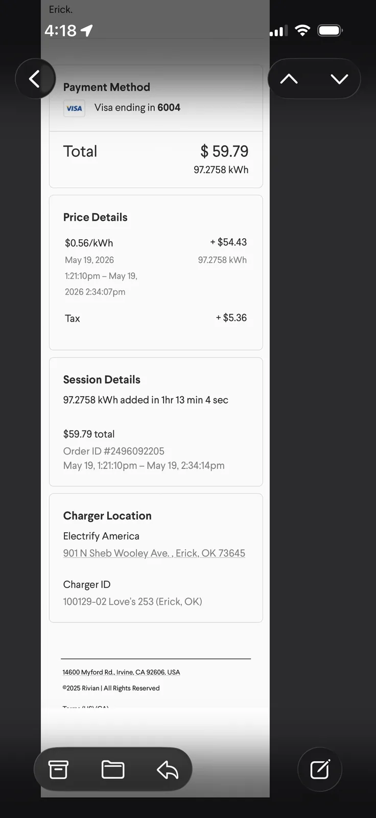 The Electrify America receipt for the Erick OK session, 97.2758 kWh added in 1 hour 13 min 4 sec for $59.79 total ($0.56/kWh × 97.2758 = $54.43 + $5.36 tax), Visa ending 6004, Order ID 2496092205, charger 100129-02 Love's 253 at 901 N Sheb Wooley Ave Erick OK 73645