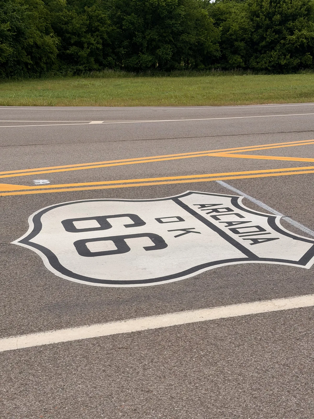 A Route 66 highway shield painted on the asphalt with "66 / OK / ARCADIA" lettering, two yellow center lines crossing through the frame, green grass and trees at the road edge