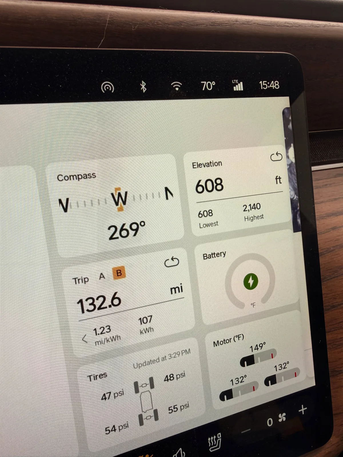 The Rivian R1T center display at Mingo RV Park in Tulsa at 3:48 PM CDT showing compass W 269°, elevation 608 ft (the lowest since the California desert), Trip B 132.6 miles at 1.23 mi/kWh and 107 kWh used for the full Rockwell to Mingo Route 66 run, battery charging on the overnight L2, motor temps 132 to 149°F, tires 47 psi front and 54 to 55 psi rear, ambient 70°F