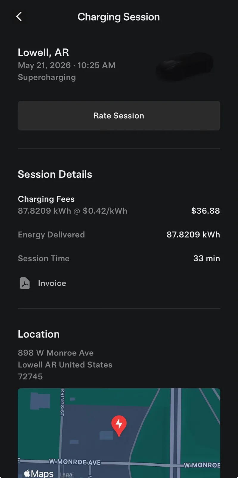 The Tesla app Charging Session screen for the Lowell AR Supercharger, 87.8209 kWh added in 33 min at $0.42 per kWh effective for $36.88, supercharging on May 21 2026 10:25 AM, location 898 W Monroe Ave Lowell AR 72745