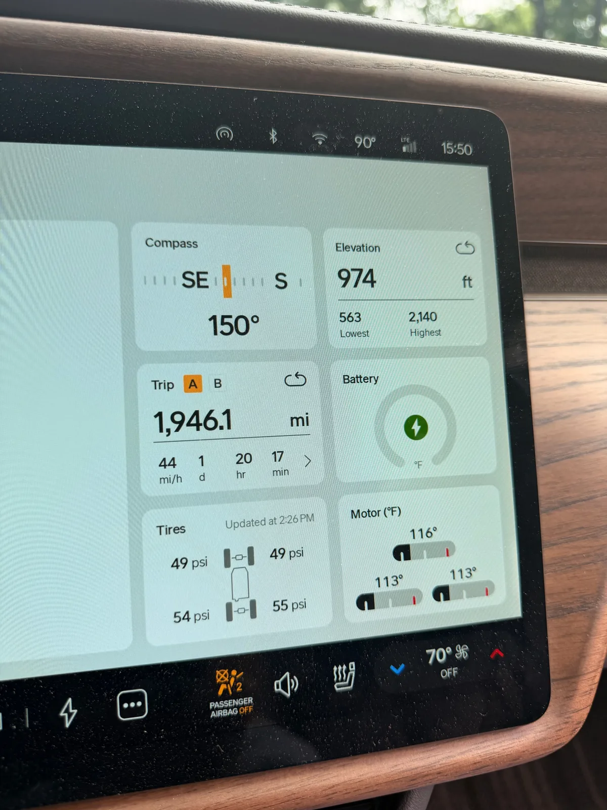 The Rivian R1T center display Trip A view at Indian Point Campground at 3:50 PM CDT showing Trip A 1,946.1 miles trip-to-date, elevation 974 ft, battery charging, ambient 90°F, tires 49 psi front and 54 to 55 psi rear