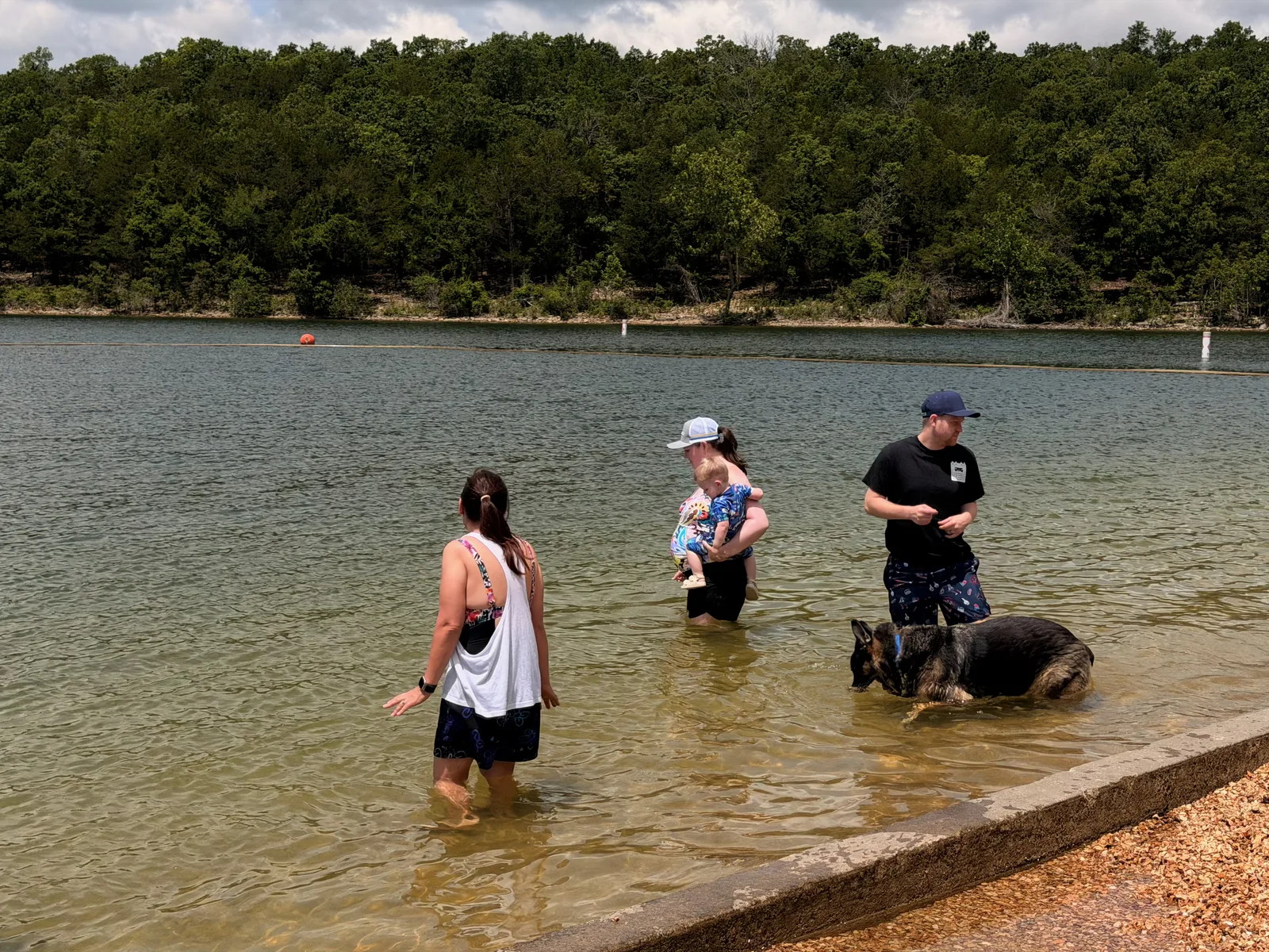 Diana and friends wading in the shallow clear water of Table Rock Lake off a wooded shoreline on a hot, bright day