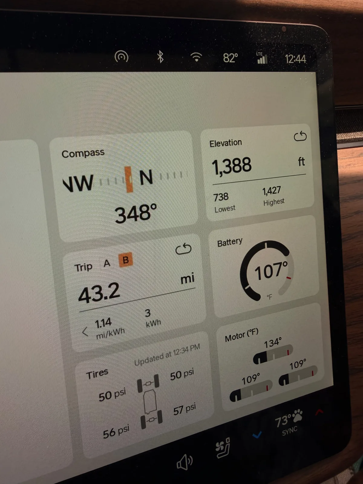 The Rivian R1T center display Trip B view at the Springfield Supercharger at 12:44 PM showing 43.2 miles at 1.14 mi/kWh towing, compass NNW 348°, elevation 1,388 ft, battery 107°F charging, ambient 82°F, the Trip B time view reading 52 mph moving average over 49 min on the Branson to Springfield leg