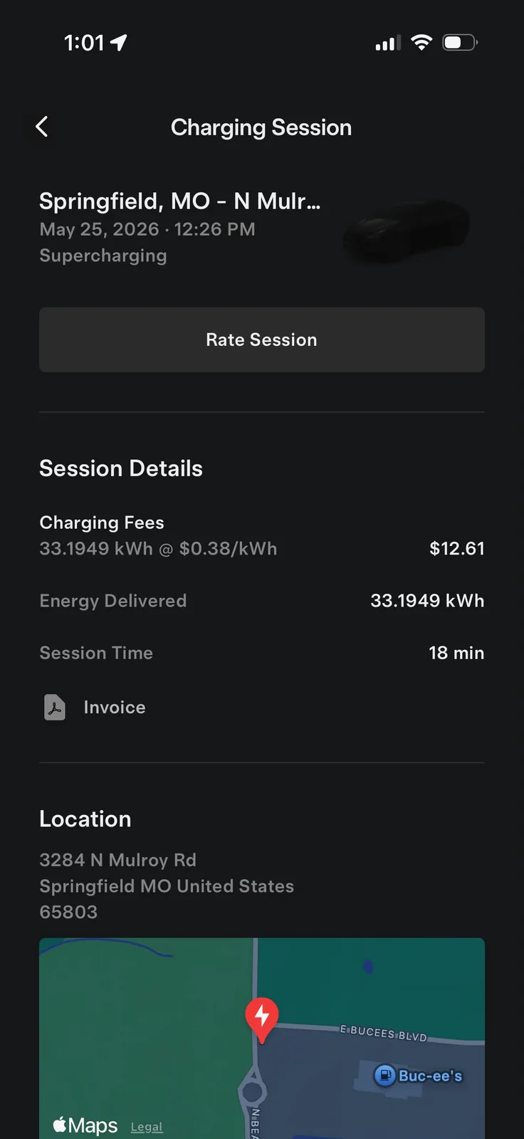 The Tesla app charging-session screen for the Springfield N Mulroy Road Supercharger, 33.1949 kWh at $0.38 per kWh for $12.61, 18 minute session on May 25 2026