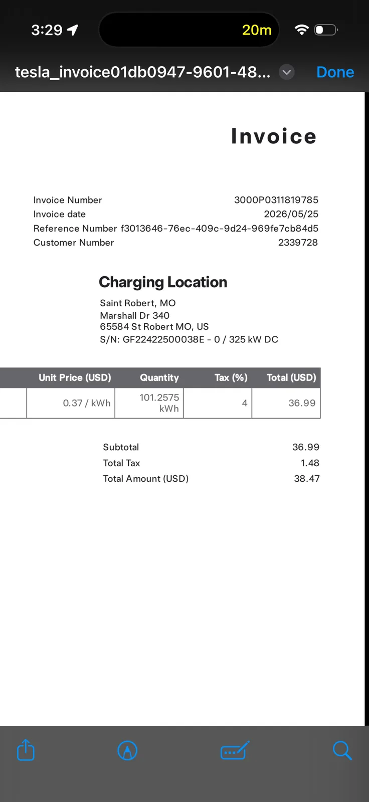 The Tesla invoice for the St. Robert MO Supercharger, 101.2575 kWh at $0.37 per kWh, $36.99 subtotal plus $1.48 tax for $38.47 total on May 25 2026