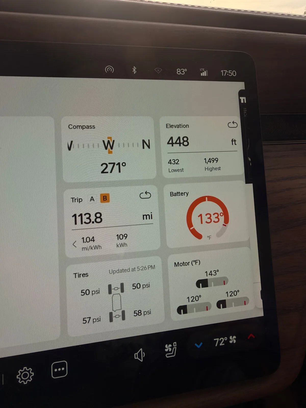 The Rivian R1T center display Trip B view at the Fenton IONNA charger showing 113.8 miles at 1.04 mi/kWh and 109 kWh used, elevation 448 ft, battery 133°F, ambient 83°F