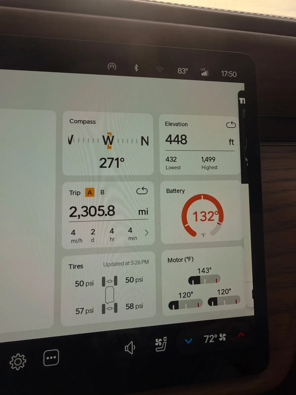 The Rivian R1T center display Trip A view at the Fenton IONNA charger showing Trip A 2,305.8 miles trip-to-date, elevation 448 ft, battery 132°F, ambient 83°F