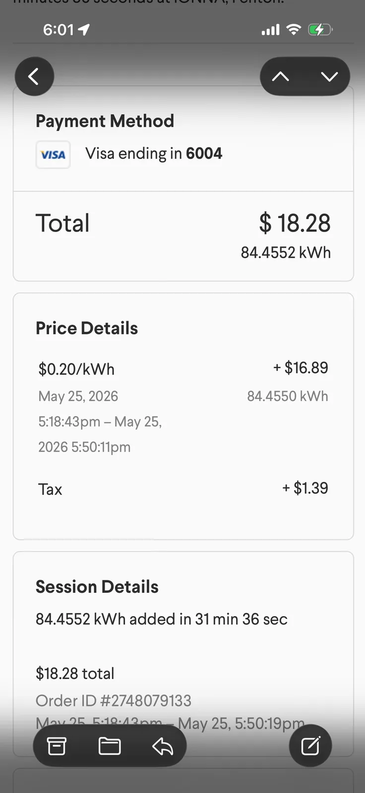 The IONNA app receipt for the Fenton MO charge, 84.4552 kWh at $0.20 per kWh for $16.89 plus $1.39 tax, $18.28 total added in 31 minutes 36 seconds on May 25 2026
