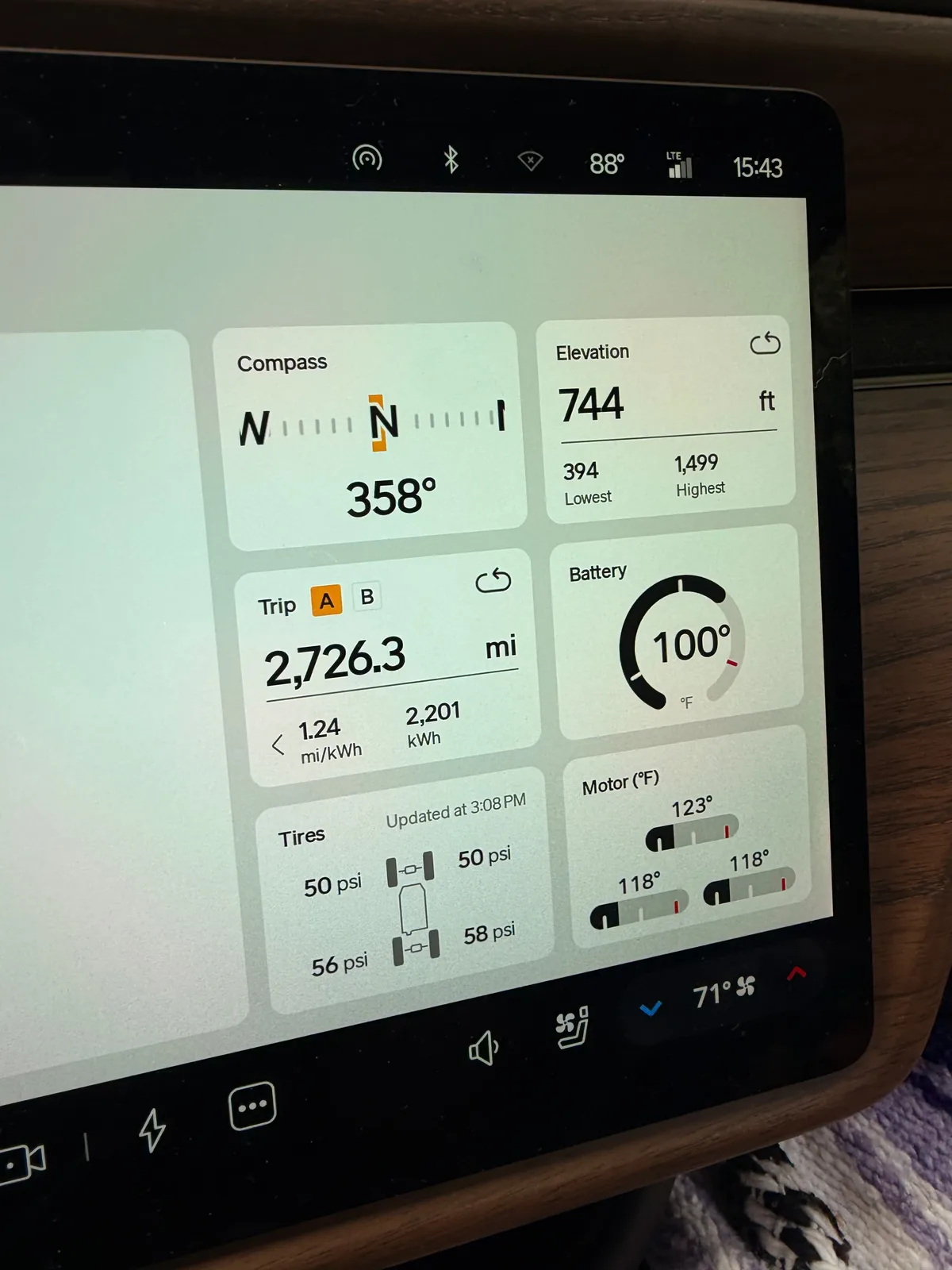 The Rivian R1T center display Trip A view at the Fox Lake arrival showing Trip A 2,726.3 miles trip-to-date, compass N 358°, elevation 744 ft, battery 100°F