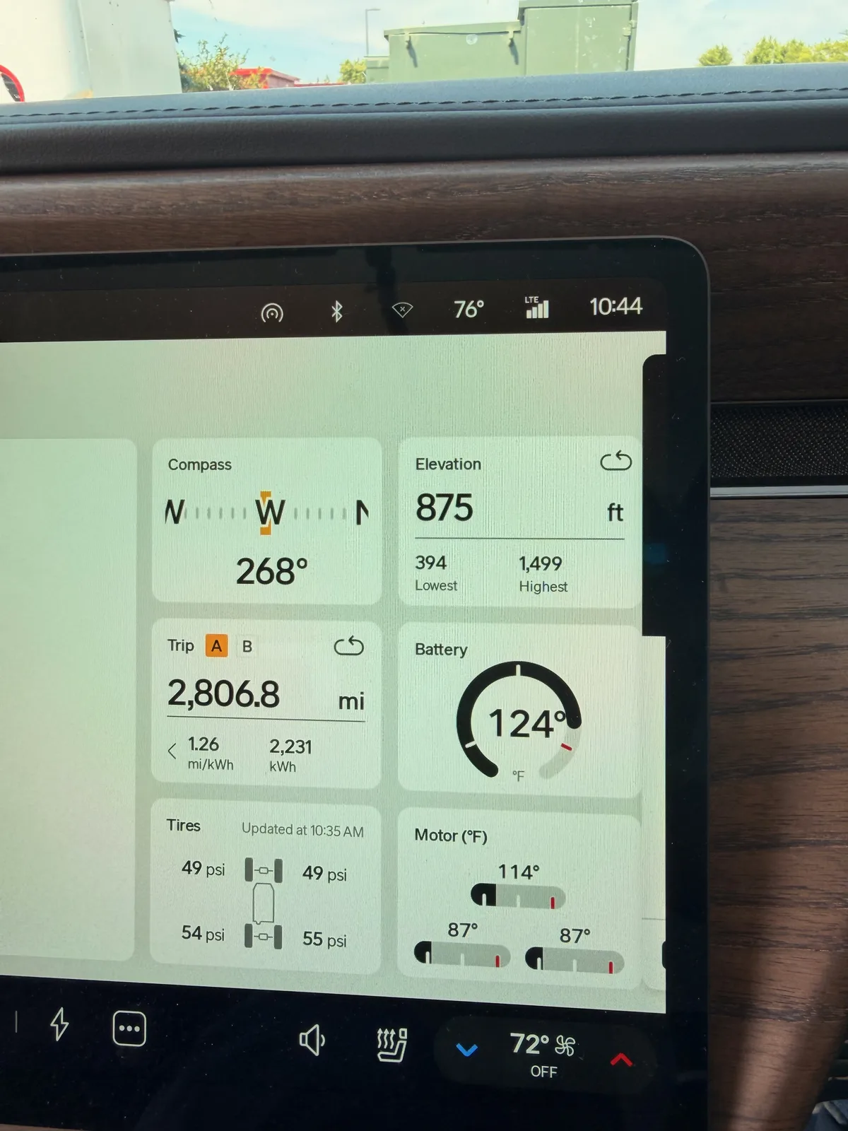 The Rivian R1T center display Trip A view at the Rockford Tesla V3 Supercharger showing Trip A 2,806.8 miles at 1.26 mi/kWh and 2,231 kWh trip-to-date, battery charging