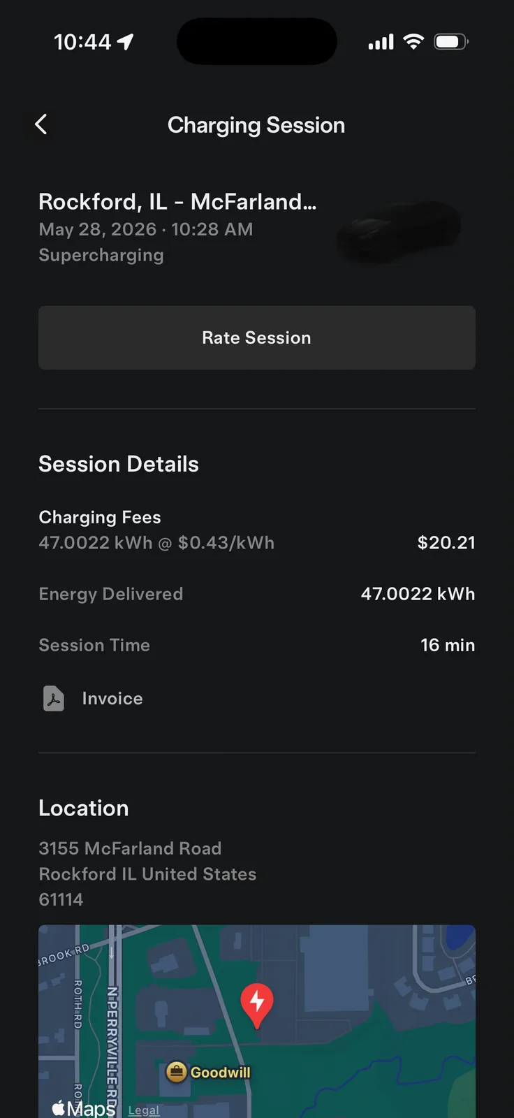The Tesla app charging-session screen for the Rockford McFarland Road Supercharger on May 28 2026, 47.0022 kWh at $0.43 per kWh for $20.21, 16-minute session
